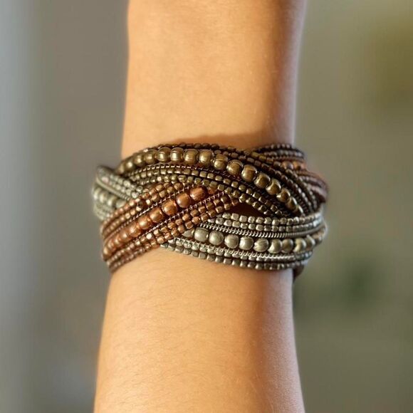 Vintage Boho Bronze Beaded Wrap Cuff Bracelet Multistrand Metal Festival Jewelry - Picture 1 of 8